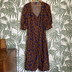 Zara Floral Print Puff Sleeve Buttoned Pencil Midi Dress Size Small